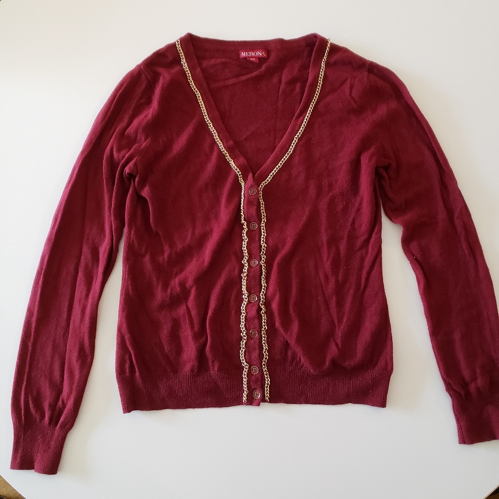 Burgundy Cardigan with Gold Chain Detail